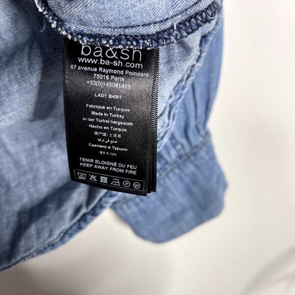 ba&sh Womens Large Blue Pearl Snap Western Denim Shirt Long Sleeve Cotton Linen - Picture 8 of 10